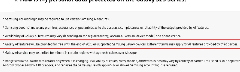 Galaxy AI free until 2025 fine print